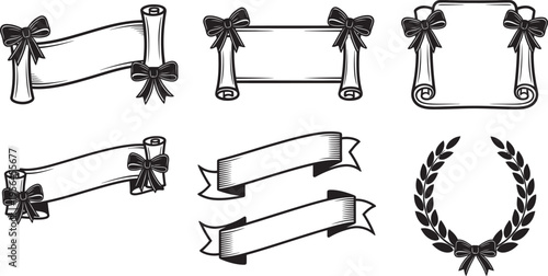 Collection of decorative ribbons and bows for design and decoration