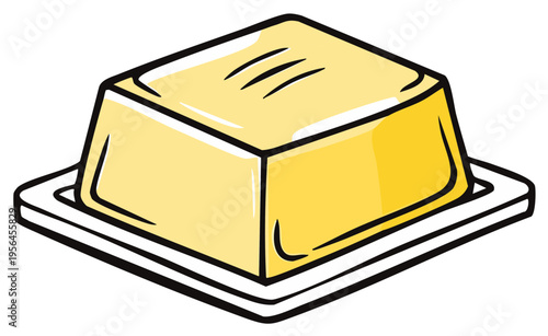 Cartoon illustration of a yellow butter block on a square white plate, food item.