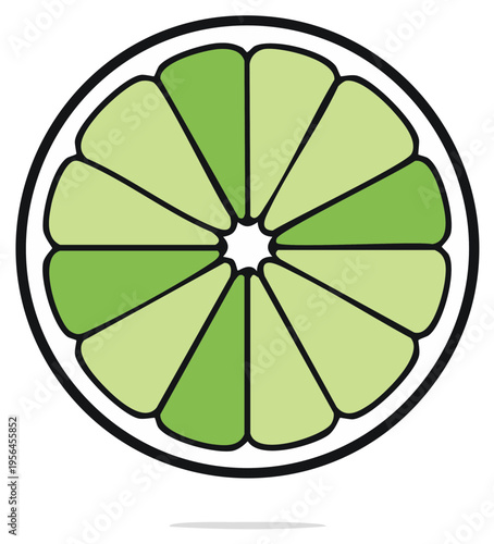 Vibrant Slice of Lime: Circular Green Citrus with Segments and Black Outline, Refreshing Graphic