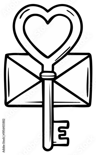 Black and white illustration of a key with a heart-shaped top and envelope design