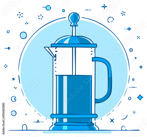 Blue line French press, tea brewing illustration, stylized, minimal, simple design