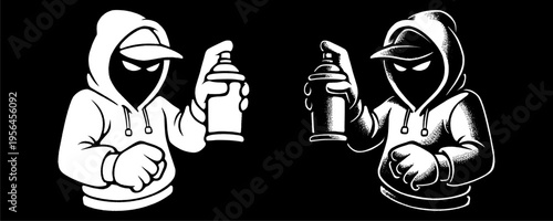 Duo of Black and White Graffiti Mascot Characters with Spray Cans for High Contrast Urban Design.