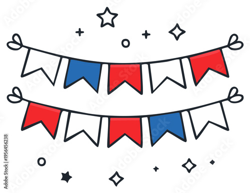 Festive bunting with red, white, and blue flags create a celebratory atmosphere with star and sparkle doodles