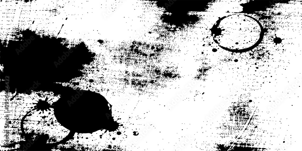 Fototapeta premium Abstract grunge background featuring a black ink splat with paint drips and spray texture on a vector illustration pattern of dirty liquid splashes and artistic brush stains