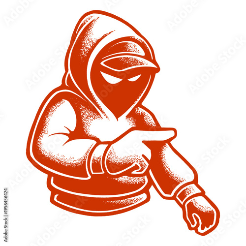Dynamic Red Mascot Character of a Masked Graffiti Artist Pointing Gesture for Urban Fashion Design.