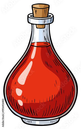 Potion flask with red liquid inside sealed by cork stopper fantasy themed cartoon graphic