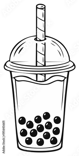 Bubble tea drink in a clear plastic cup with straw and tapioca pearls illustration