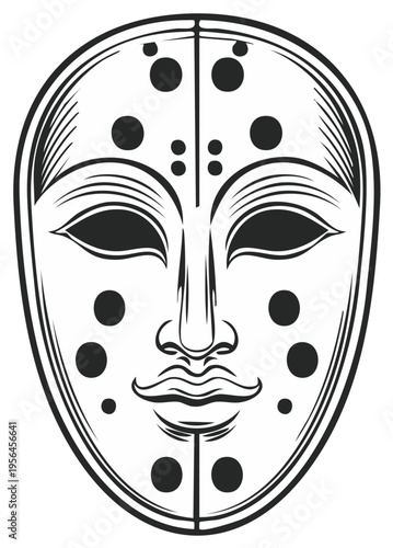 Stylized Traditional Mask with Black Dots and Expressive Features
