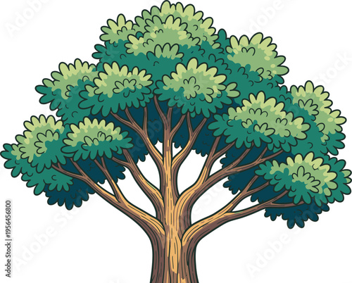 A vibrant tree with lush green leaves and a sturdy brown trunk standing alone on a white background