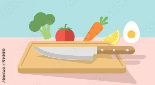 Flat lay illustration of fresh vegetables and a knife on a chopping board preparation for cooking
