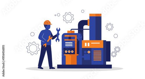 Flat vector illustration of a mechanical worker repairing industrial machinery with tools at the