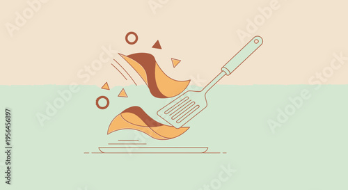 Floating pancake presentation with spatula and graphic elements creates a food delight