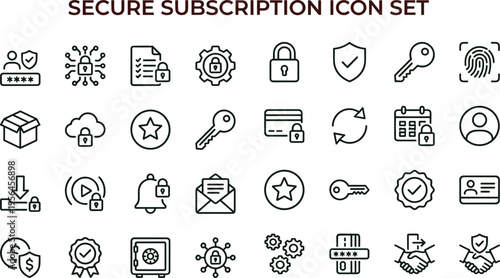 Secure subscription outline icon set featuring authentication identity verification privacy protection security interface symbols for business applications