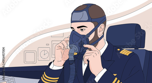 Focused pilot donning oxygen mask within the cockpit ensuring flight safety protocols