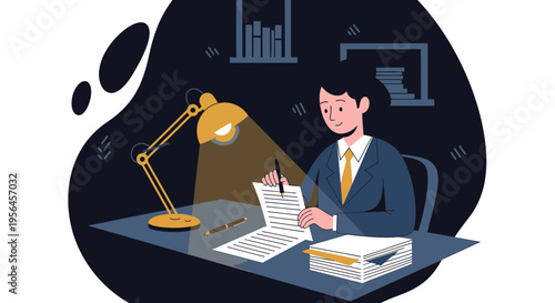 Focused professional reviewing documents under warm desk lamp illumination at night