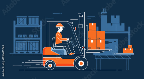 Forklift operator moving boxes inside a warehouse facility depicting efficiency and logistics