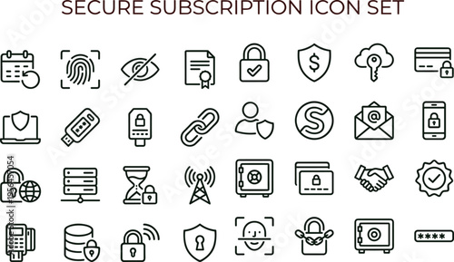 Secure subscription outline icon set featuring authentication privacy payment protection security dashboard interface symbols for business applications