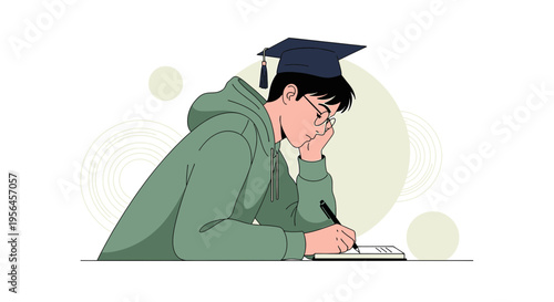 Focused student in graduation cap meticulously writing in notebook on clean background