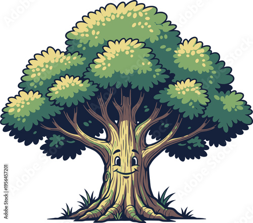 A vibrant cartoon tree with a wide canopy and sturdy trunk standing alone on a plain white background with some grass