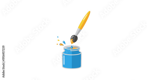 Paintbrush Dipping into Blue Paint Jar with Splashes