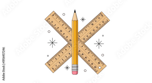 Pencil and Crossed Rulers Illustration with Starbursts and Circles