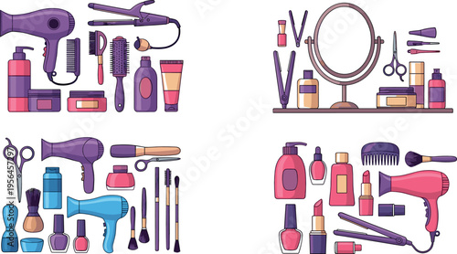 Flat Tree Icon CBeauty Salon Equipment and Makeup Accessories Set with Hair Dryer, Mirror, 