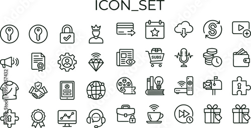Business subscription outline icon set featuring payment media engagement analytics ecommerce dashboard interface symbols for marketing applications