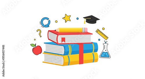 Stack of Colorful Books with Pencil and School Supplies Illustration