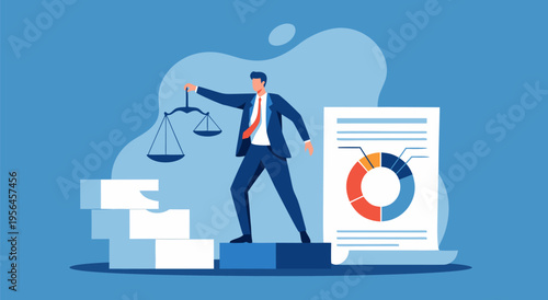 Business concept of a man holding scales of justice and standing next to financial charts and documents, vector illustration