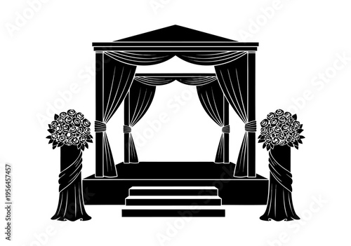 Elegant Wedding Arch Vector Illustration with Draping Curtains and Floral Embellishments