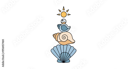 Stacked Seashells with Sun and Bird Illustration