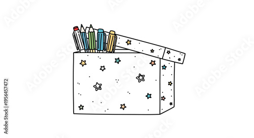 Starry Box with Colorful Pencils and Eraser Topper, Doodle Style