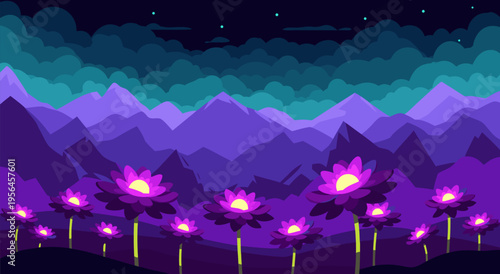Enchanting Neon Flower Field at Night A Vibrant Vector Illustration of a Mystical Landscape with Glowing Petals and Majestic Mountains Under a Starry Sky