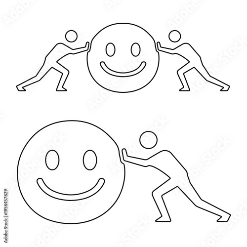 Teamwork and Support Concept with Figures Pushing Large Smiley Face Ball