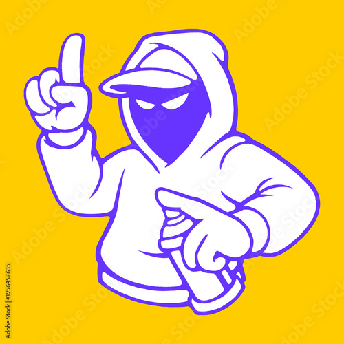 Masked Graffiti Character Mascot Pointing Up Representing Underground Hip Hop and Hardcore Style.