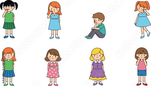 Collection of cute little girls showing different emotions and actions in various poses isolated on white background flat vector illustration
