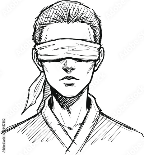 A black and white sketch of a person wearing a cloth blindfold over their eyes on textured paper