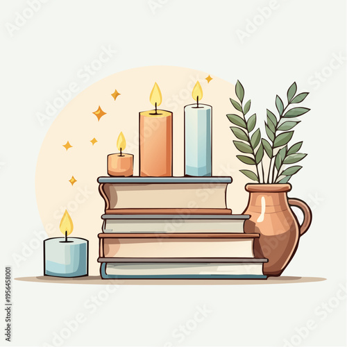 Stilvolle Buchdekoration mit Vase und Kerzen