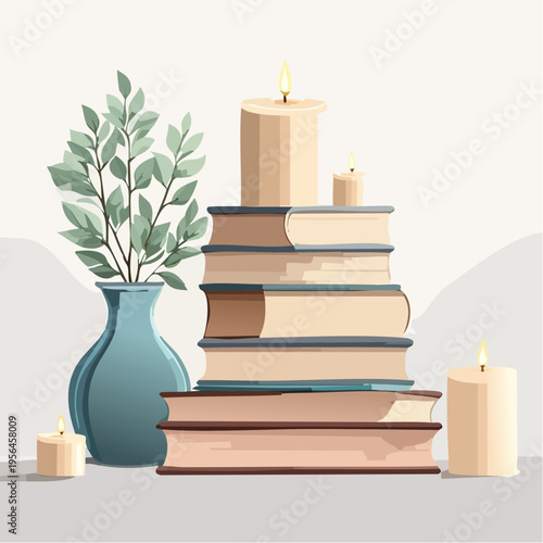 Stilvolle Buchdekoration mit Vase und Kerzen