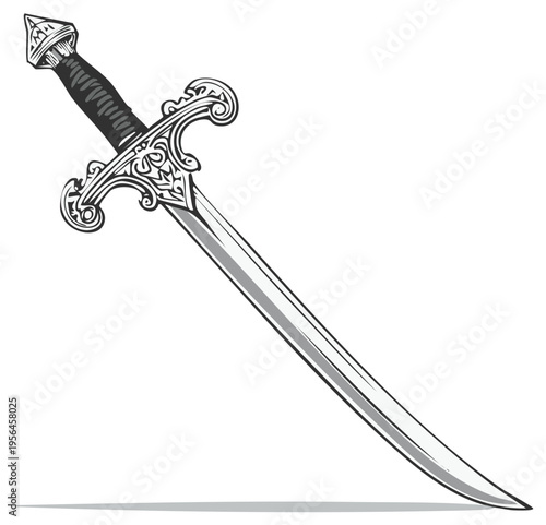 Ornate Silver Sword with Curved Blade, Decorated Hilt, and Detailed Handle