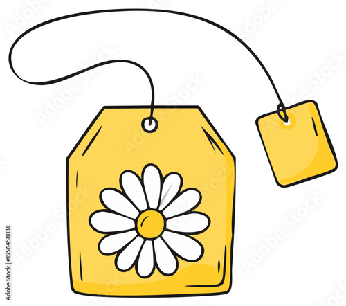 Hand drawn herbal tea bag with chamomile flower and string tag doodle art