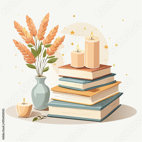 Stilvolle Buchdekoration mit Vase und Kerzen