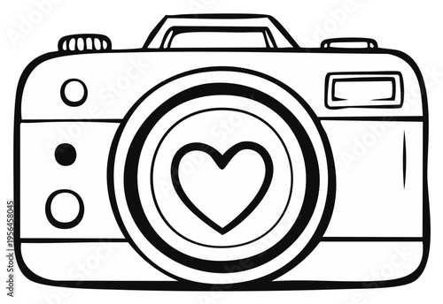 Camera design with heart in lens, black and white outline