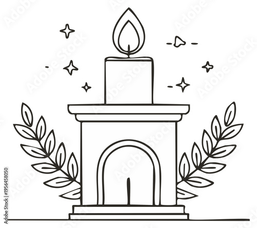 Candle burning on a mantelpiece with star elements, line art illustration