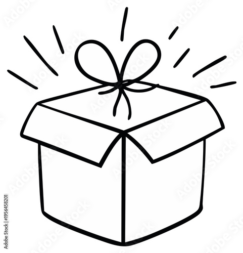 Hand drawn open gift box with radiating lines suggesting surprise and celebration