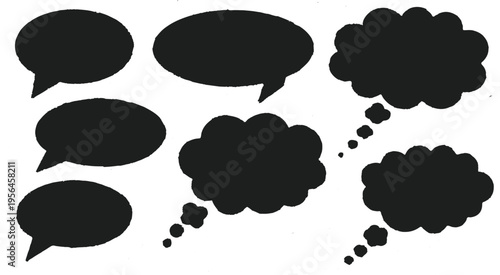A set of solid black speech bubbles and thought clouds isolated on a white background. 