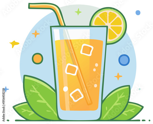 Cartoon illustration of a refreshing glass of orange juice with ice, a straw, and a citrus slice