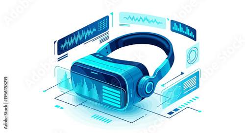 Futuristic virtual reality headset with digital interface rendering on white background