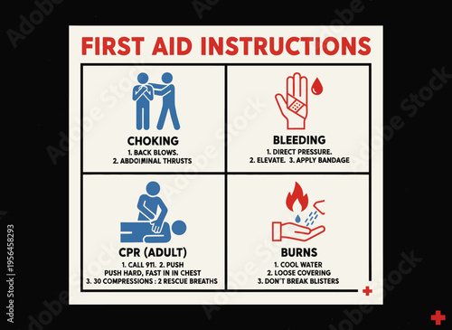 First aid instructions poster provides guidance on choking, bleeding, CPR, and burns treatment
