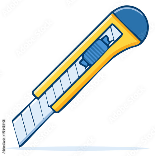 Cartoon illustration of a yellow and blue utility knife or box cutter with retractable blade, cutting instrument